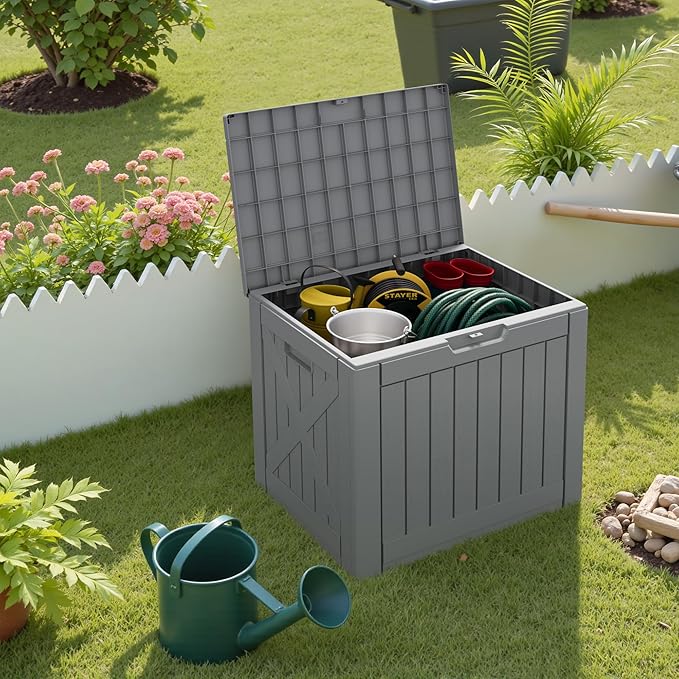 Greesum 40 Gallon Outdoor Deck Box, Resin Storage for Patio Furniture, Garden Tools, Pool Supplies, Weatherproof and UV Resistant, Lockable, Gray