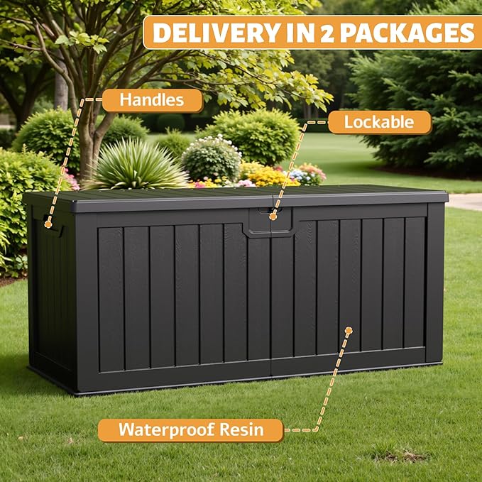 Flamaker Resin Deck Box 250 Gallon, Waterproof Imitation-Wood Lockable Storage Box with Separator Plate Outdoor Indoor, Garden, Patio Furniture for Tools&Pool Accessories (Black)