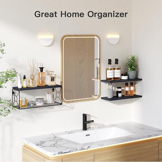 Amada Bathroom Shelves Over Toilet with Storage Basket, Floating Wall Shelf for Home Organization & Wall Decor, Bathroom/Kitchen/Living Room Shelves–Black