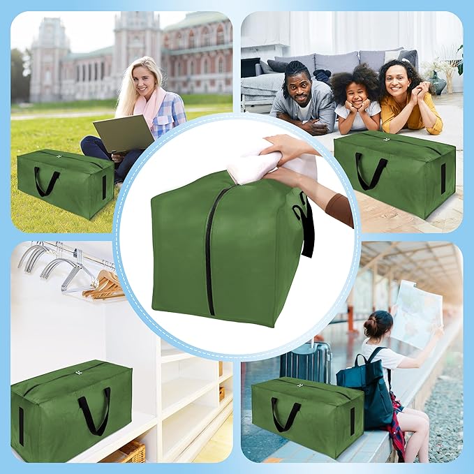 8 Pack Large Strong Moving Bags with Zippers & Carrying Handles - Water-Resistant - Heavy Duty Storage Tote for Space Saving, Fold Flat, Alternative to Moving Box (Olive Green)