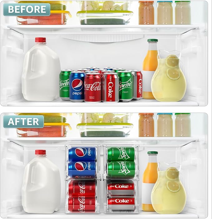 Sorbus Soda Can Organizer for Refrigerator - Stackable Can Holder Dispenser with Lid for Fridge, Pantry, Freezer – Holds 9 Cans Each, BPA-Free, Clear Design, Drink Organizer for Fridge (4-Pack)