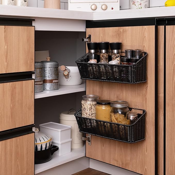 GRANNY SAYS Wicker Hanging Basket, 2 Pack Wall Basket for Kitchen, Fruit and Vegetable Storage Cabinet, Pantry Storage Spice Organization for Cabinet, Adhesive Shelf for Bathroom, Black