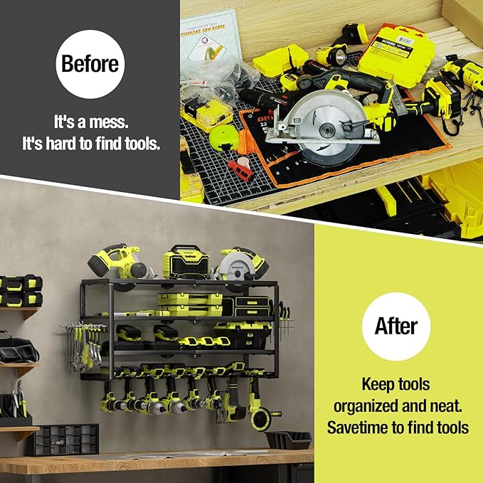 4 Layer Power Tool Organizer Wall Mount, Battery Tools Holder with Charging Station Shelf, Cordless Drill Hanger Storage Rack for Garage Organization, Workshop, Pegboard - 32 Inch 8 Slots