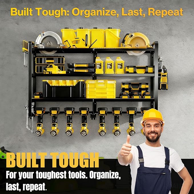 Heavy Duty 4-Tier Wall Mount Tool Rack, 8-Drill Holder & Charging Station, 400lb Load Shelf for Garage Workshop Organization