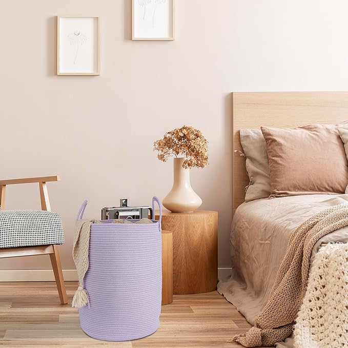 Cotton Rope Laundry Basket Hamper for Clothes Woven Storage Basket for Living Room Bedroom Boho Tall Rope Baskets for Blanket Toys Pillow Towels Baby Nursery Hamper Bin Large purple