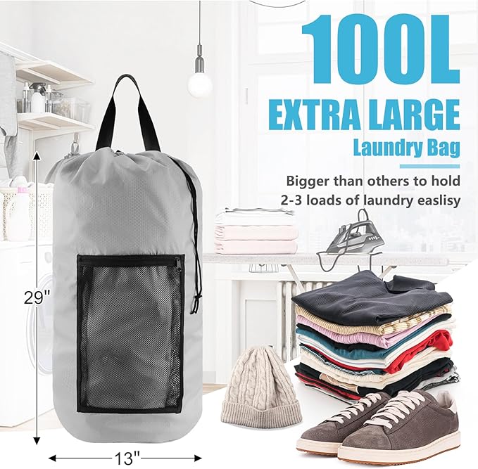 Laundry Bag Backpack, 2PCS Extra Large Travel Laundry Bag with Mesh Pocket & Adjustable Shoulder Straps,Dirty Clothes Travel Bag for College Students Dorm,Apartment(Light Gray)