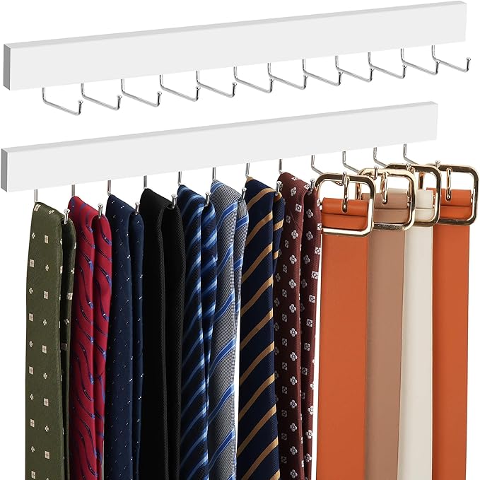ZEDODIER 2 Pack Wodden Tie Hanger Wall Mounted, Space Saving Belt Organizer for Man with 24 180° Rotating Hooks, Space Saving Belt Storage Holder, White