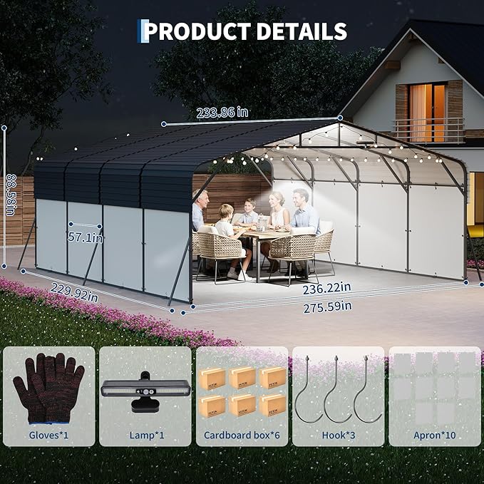 20x20FT Metal Carport w/Led Light,Outdoor Portable Car Garage,Removable PE Sidewalls,Reinforced Base & Galvanized Steel Roof, Outdoor Car Port Canopy Shelter for Boats, Full-Sized Pickup Trucks