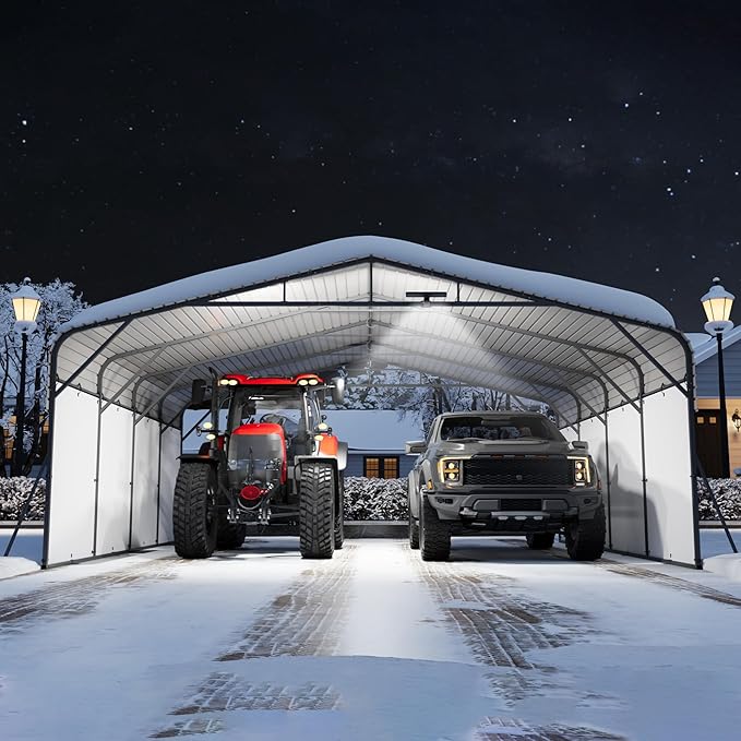 20x20FT Metal Carport w/Led Light,Outdoor Portable Car Garage,Removable PE Sidewalls,Reinforced Base & Galvanized Steel Roof, Outdoor Car Port Canopy Shelter for Boats, Full-Sized Pickup Trucks