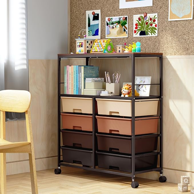 Rolling cart with 8 drawers,Storage drawer cart with wooden tabletop,Lockable wheels organizer for homeschool, arts & crafts, classroom, office & creative spaces (Brown)