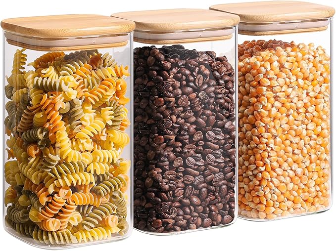 ComSaf 1.4 Qt Glass Storage Containers with Lids, Glass Jars with Lids, Clear Food Storage Jar, Square Canister Set of 3, Pantry Organizers and Storage for Flour Oat Pasta Tea Cookie Coffee Bean
