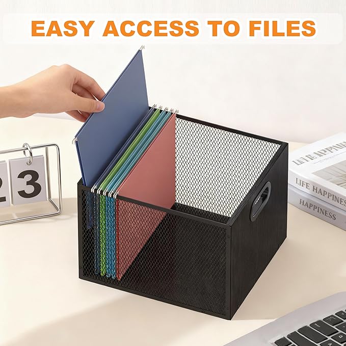 Piskyet Wooden Hanging File Organizer for desk, Metal Mesh File Folder Organizer Crate Cabinet Storage Box with Handle for Home Office Desk,Letter - Size,Black