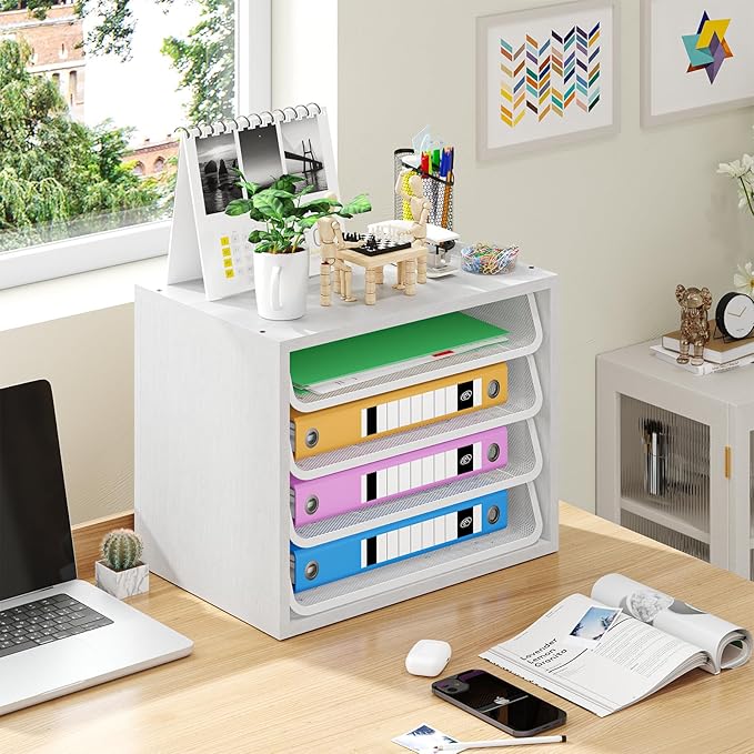 Simple Trending Desk File Organizers, 4-Tier Letter Tray Paper Organizer with File Holder, Wooden Paper Sorter for Office Supplies, White