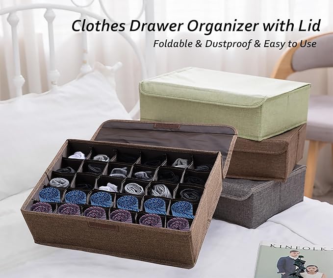 AARAINBOW 2 Packs Underwear Socks Ties Storage Organizer with Lids Foldable Closet Drawer Organizer 60 Cells, Fabric Wardrobe Divider Storage Boxes for Scarves and Lingerie (30 Cell, 2 Coffee)