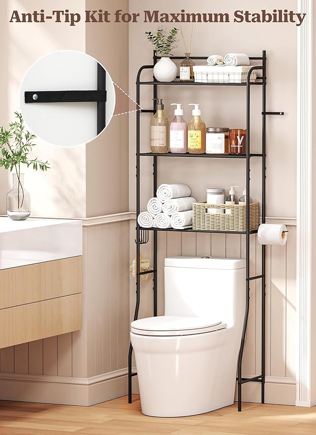 3-Tier Over The Toilet Storage, Bathroom Organizer, Space-Saving, Above Toilet Storage Rack with 4 Hooks and Paper Holder, Metal Shelf, Black