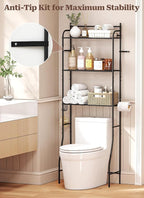 3-Tier Over The Toilet Storage, Bathroom Organizer, Space-Saving, Above Toilet Storage Rack with 4 Hooks and Paper Holder, Metal Shelf, Black
