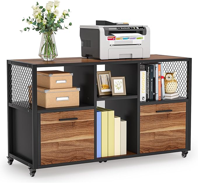 Tribesigns 2 Drawer Wood File Cabinets, Modern Mobile Lateral Filing Cabinet for Letter/ A4 Size, Printer Stand with Open Storage Shelves and Drawer for Home Office, Rustic Walnut