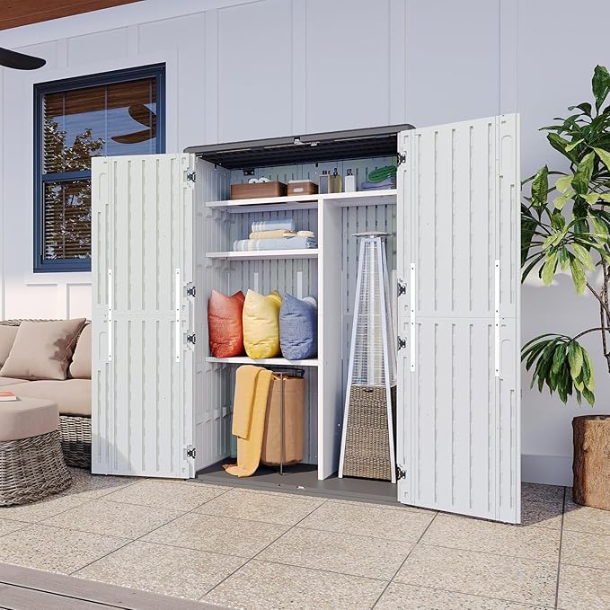 Aoxun Outdoor Resin Storage Shed with Metal Shelving Kit & Floor, 64 Cu.Ft Vertical Waterproof Storage Cabinet for Garage, Pool, Bike, Garden Tools, Patio Furniture (White)