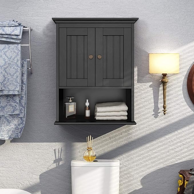 Treocho Wood Wall Cabinet Bathroom Medicine Cabinet Storage with Doors and Adjustable Shelf Wall Mount for Bathroom, Livingroom, Kitchen, Cupboard, Black