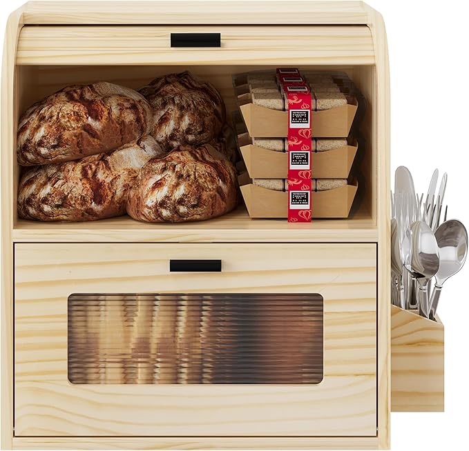TQVAI Roll Top Bread Box for Kitchen Countertop, Keep Fresh Longer, Easy to Maintenance, Double Layer Vintage Wooden Breadbox with Window for Homemade Bread, Sandwich Loaves, Baked Goods (Wood Color)