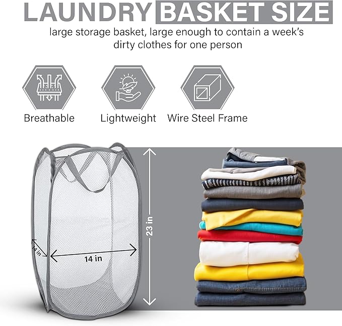 DecorRack 1 Pack Mesh Pop Up Laundry Hamper, Lightweight Foldable Clothes Basket with Easy Carry Handles, Durable Mesh Design for Air Circulation and Simple Storage, Gray (1 Pack)
