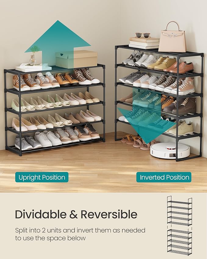 SONGMICS Shoe Rack, 10-Tier Shoe Organizer, Metal Storage Shelf, Upright or Upside Down, for 44-55 Pairs, for Entryway, 11.8 x 36.2 x 68.1 Inches, Black ULSA011B01