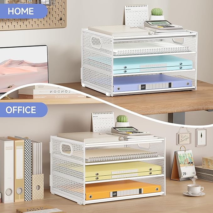 Subekyu Paper Letter Tray Organizer for Desk, White Metal Mesh Desk File Sorter Organizer with Handle and 2 Sliding Trays for Home Office School Supplies Organization