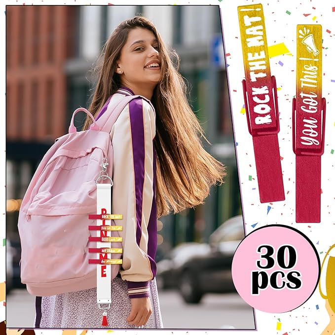 Kigeli 30 Pcs Spirit Clips Cheer Pins Cheerleader Gifts Clothes Pins For Backpacks Competition Glittered For Team Cheer Gifts Stuff Supplies Party Favors Accessories Bulk(Red, Gold,Gradient)