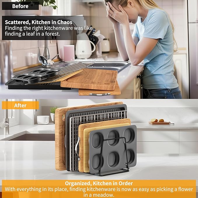 Cutting Board Organizer Kitchen Organizer Rack for Cutting Board, Bakeware, and Cookie Sheet, 5-Slot Heavy-Duty Steel Cookware Holder,Rust-Resistant with Anti-Slip Feet (2, Large)