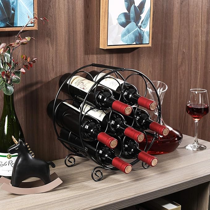 PAG 7 Bottles Freestanding Countertop Wine Rack, Metal Small Table Top Wine Rack, Drink Organizer Bottle Holder, Kitchen Organizers and Storage, Black