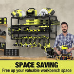 4 Layer Power Tool Organizer Wall Mount, Battery Tools Holder with Charging Station Shelf, Cordless Drill Hanger Storage Rack for Garage Organization, Workshop, Pegboard - 32 Inch 8 Slots