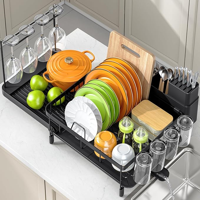 Large Dish Drying Rack – Expandable Dish Rack for Kitchen Counter, Multifunctional Dish Drainer with Cup & Wine Glass Holder, 16.2"-26" L x 17" W, Black