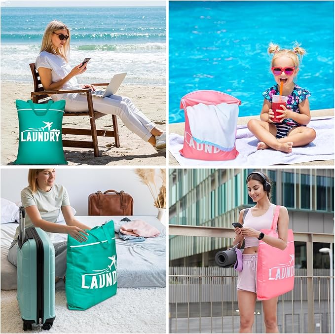 Fiodrimy 2 Pcs Large Travel Laundry Bags - Washable Waterproof Wet Dry Bags for Dirty Clothes, Swimsuits, Workout & Gym Clothes - Pink & Blue