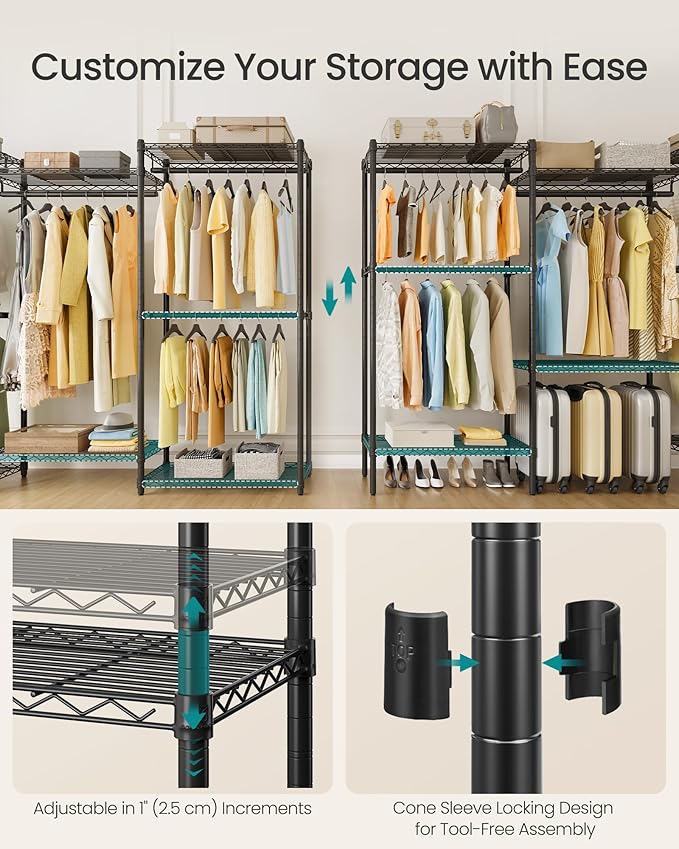 SONGMICS Heavy-Duty Clothes Rack, Garment Rack, Portable Closet, 86.4-Inch Wide Clothing Rack with Adjustable Mesh Shelves and Hanging Rails, Ink Black ULGR434B01