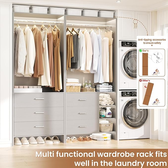 Aheaplus Closet System with 6 Drawers, 4.5ft Wood Closet Organizer System, Walk-in Closet or Small Closets Wardrobe, Clothes Rack with Hanging Rods, Set of 2 Grey