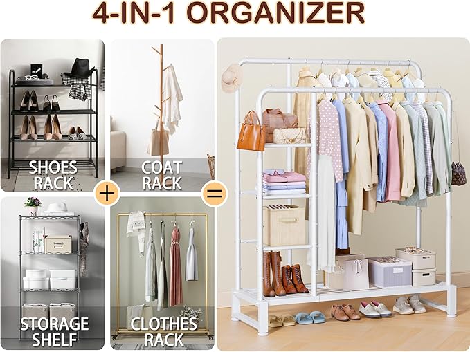 Double Rods Clothes Rack Clothing Rack with 4 Tier Storage Shelves Clothes Rack for Hanging Clothes Multifunctional Heavy Duty Clothes Organizer with Hooks for Bedroom,Wardrobe Closet,Shop,White