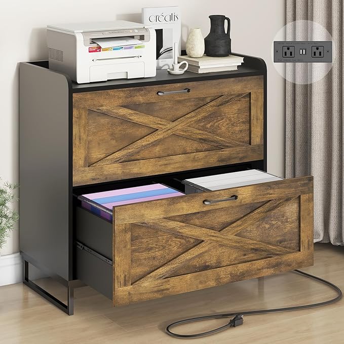 Lateral File Cabinet with Charging Station, 2 Drawer File Cabinet for Letter/Legal/A4 Size Hanging Files, Large Wood File Storage Cabinets, Rustic Brown and Black