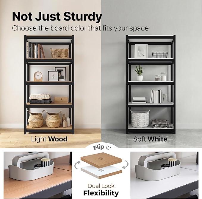 HOMEDANT House 5 Tier Heavy Duty Garage Shelving Adjustable Metal Rack Storage Shelves Standing Shelf Unit Organizers Pantry Closet Office (1, Black, (Wheels) 24.4" W x 16.2" D)