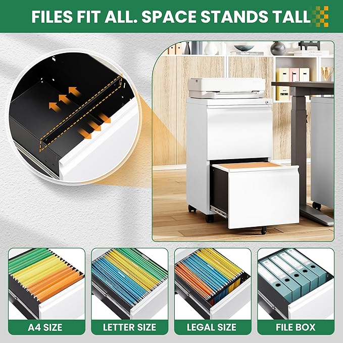 2 Drawer Mobile File Cabinet with Lock,Under Desk Filing Cabinet for Home Office, Metal Filing Cabinets on Wheels for Legal/Letter/A4 File, Assembled Required, White