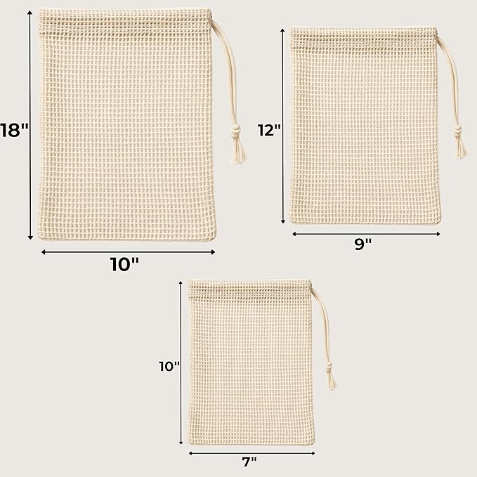 LITO LINEN AND TOWEL Organic Cotton Mesh Produce Bags – Mixed Size Reusable Grocery Bags (12 Pack) | Washable, Lightweight & Breathable Storage for Fruits, Vegetables, Bulk Foods & Zero Waste Living