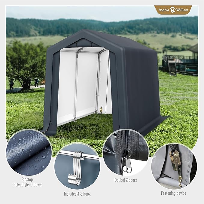 Sophia & William Outdoor Storage Shed Carport 6x10 ft Heavy Duty, Portable Garden Yard Car Port Shelter Storage Tent Garage with Roll Up Doors and Ventilation, Grey