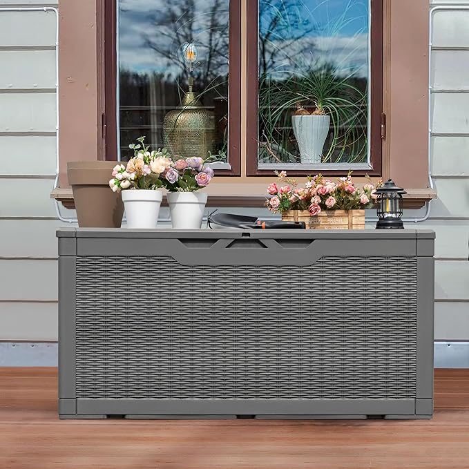Greesum 100 Gallon Resin Patio Storage Box for Garden Tools, Outdoor Furniture Cushions, Pool Supplies, Gray
