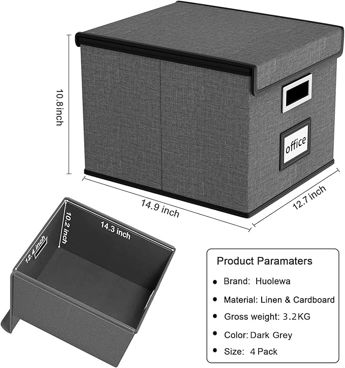 Huolewa File Organizer Box with Lid, Collapsible File Folder Organizer for Office Document Storage, Filing Box with Plastic Slide for Letter/Legal Size Hanging Files, Dark Grey