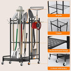 Garden Tool Organizer with Wheels, Heavy-Duty Steel Garage Tool Storage Rack, 360° Rotating Yard Tool Stand for Long-Handled Tools, Lawn Tool Holder for Shovels Rakes Mops Brooms