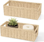 2 Pack Paper Rope Wicker Baskets with Handles, Storage Wicke Baskets for Shelves Organizing, Natural Color Toilet Basket Tank Topper, Small Woven Baskets for Storage, 14.17x6.1x4.72in