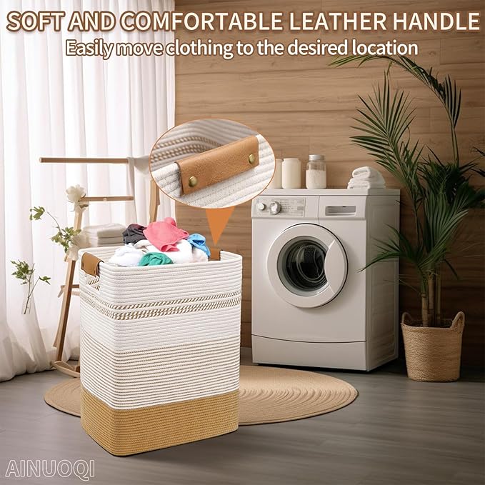 Laundry Hamper Large Laundry Basket with Leather Handles, Decorative Storage Cotton Rope Woven Basket for Blankets, Clothes Hamper for Living Room, Jute & White, 85L