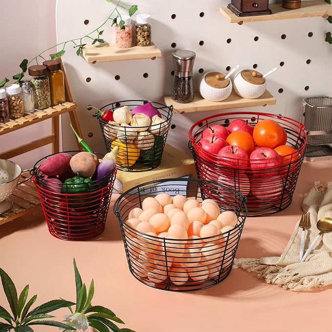 Colorful Metal Mesh Wire Egg Collecting Basket with Handle Portable Garden Vegetable Fruit Storage Lightweight Hanging Collector for Farmhouse Gathering Kitchen Picnic (Black, Large - 12")