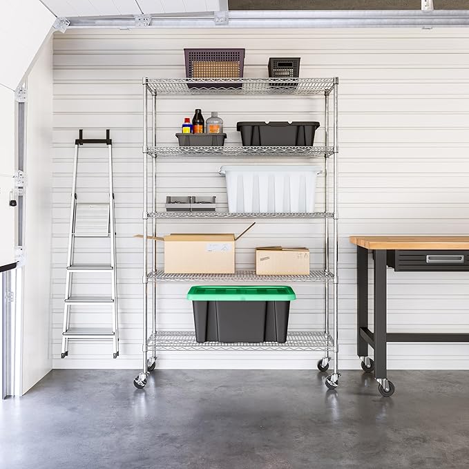 Seville Classics UltraDurable Heavy Duty NSF Solid Steel Wire Rack Storage Unit Organizer for Garage, Warehouse, Office, Restaurant, Classroom, Kitchen, 5-Tier Shelving, 48" W x 18" D
