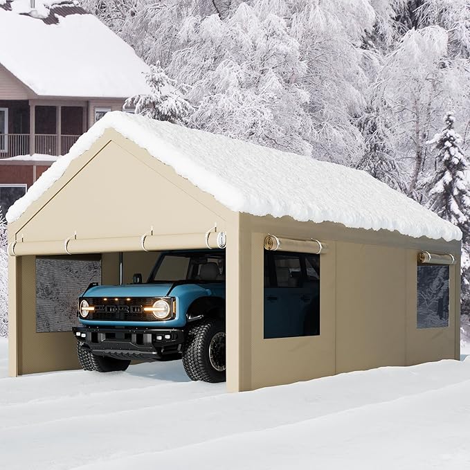 Nuturelly 12x20 FT Carport, Heavy Duty Carport Canopy with Roll-up Windows, Portable Garage with Removable Sidewalls & Doors, Car Canopy with All-Season PE Tarp for Car, Truck, Boat(Khaki)