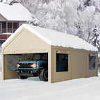 Nuturelly 12x20 FT Carport, Heavy Duty Carport Canopy with Roll-up Windows, Portable Garage with Removable Sidewalls & Doors, Car Canopy with All-Season PE Tarp for Car, Truck, Boat(Khaki)